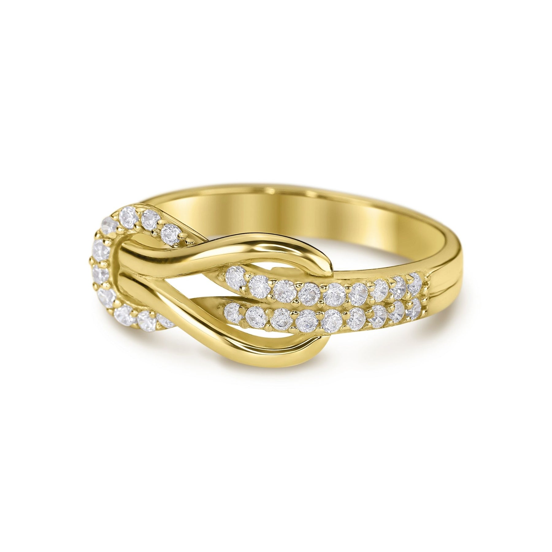 Close-up of a 14k yellow gold buckle infinity band featuring micropavé cubic zirconia.