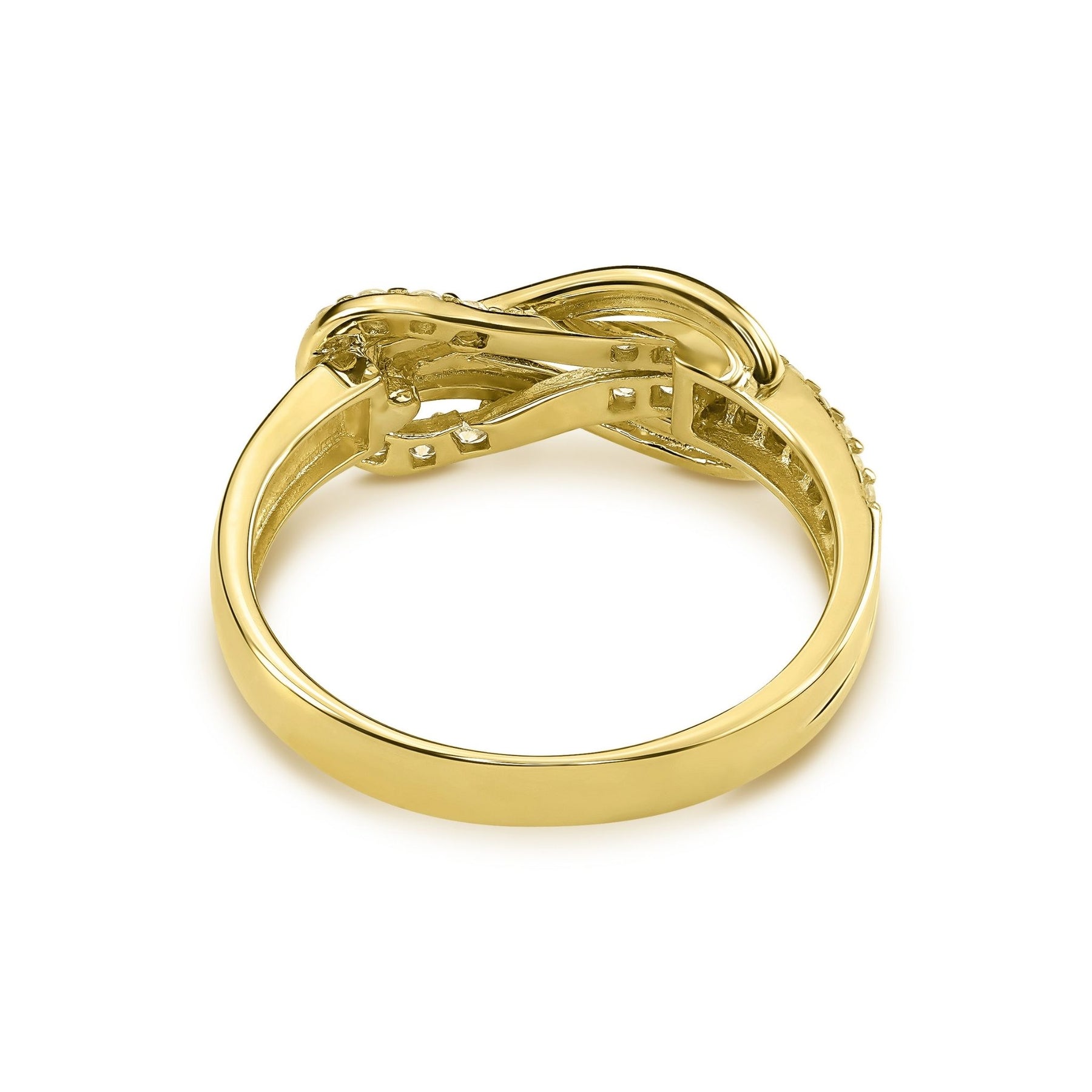 Rear view of a 14k yellow gold buckle infinity ring on a white background