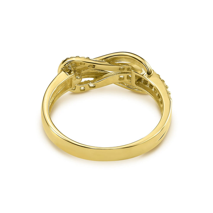 Rear view of a 14k yellow gold buckle infinity ring on a white background