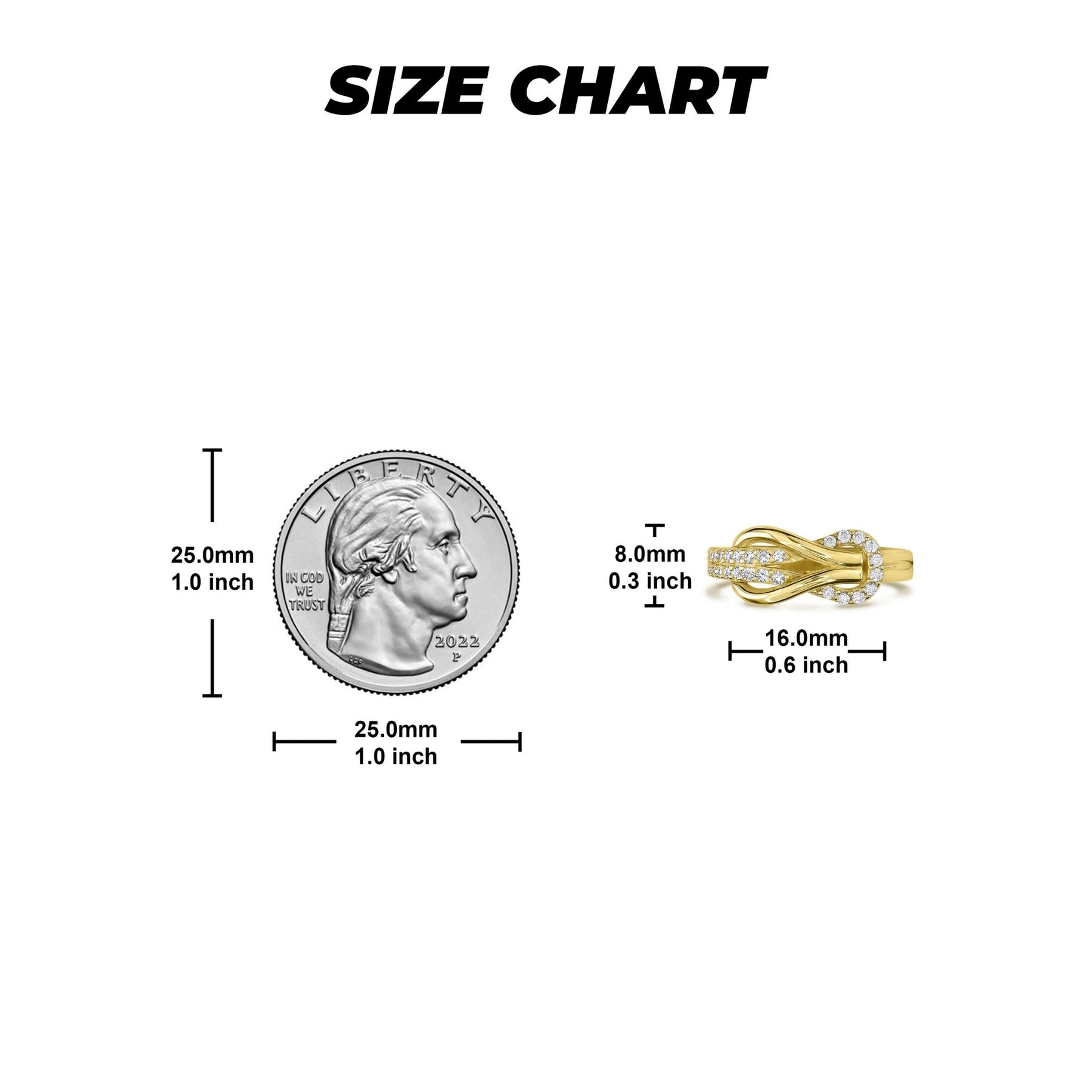 Size chart comparing a US quarter to the 14k gold infinity buckle ring dimensions.