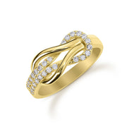14k yellow gold buckle infinity ring paved with sparkling cubic zirconia stones.