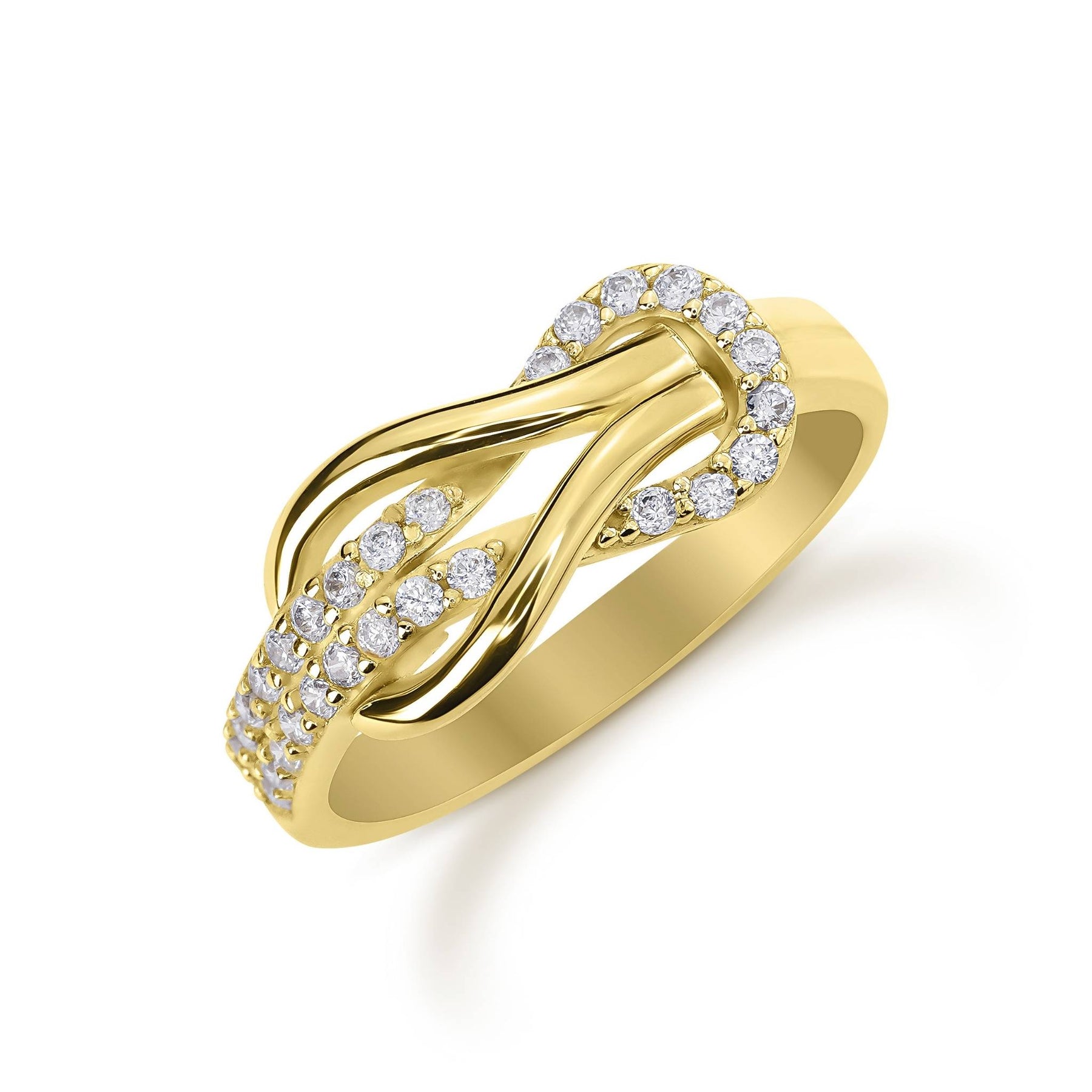 14k yellow gold buckle infinity ring paved with sparkling cubic zirconia stones.