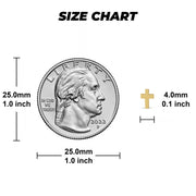 Size chart comparing a US quarter to a 4.0mm gold cross stud.