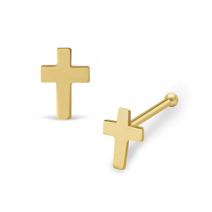 14k gold classic cross nose stud shown from front and side post angles.