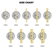 14k gold solid classic curb chain width size comparison chart ranging from 2.0mm to 11.0mm.