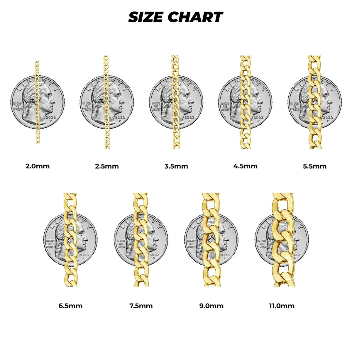 14k gold solid classic curb chain width size comparison chart ranging from 2.0mm to 11.0mm.