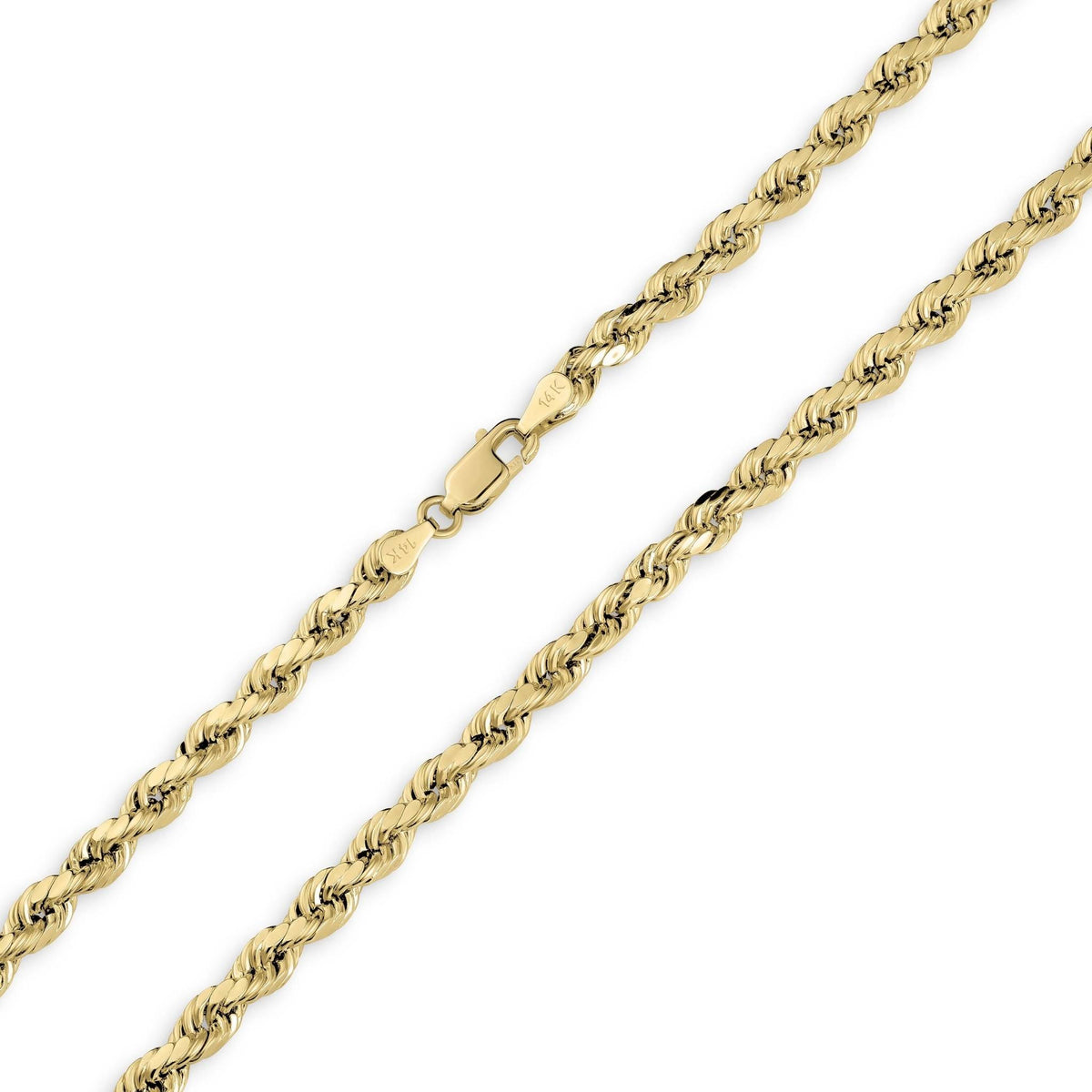 Detailed close-up of a 14k yellow gold diamond-cut rope chain highlighting the lobster clasp closure.