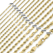 14k yellow gold classic diamond-cut rope chain width comparison chart ranging from 1.5mm to 15.0mm.