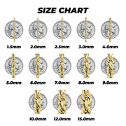 Visual size comparison guide showing 14k yellow gold rope chain thicknesses from 1.5mm to 15.0mm placed over quarters