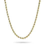 Polished 14k yellow gold classic diamond-cut rope chain necklace on white background.