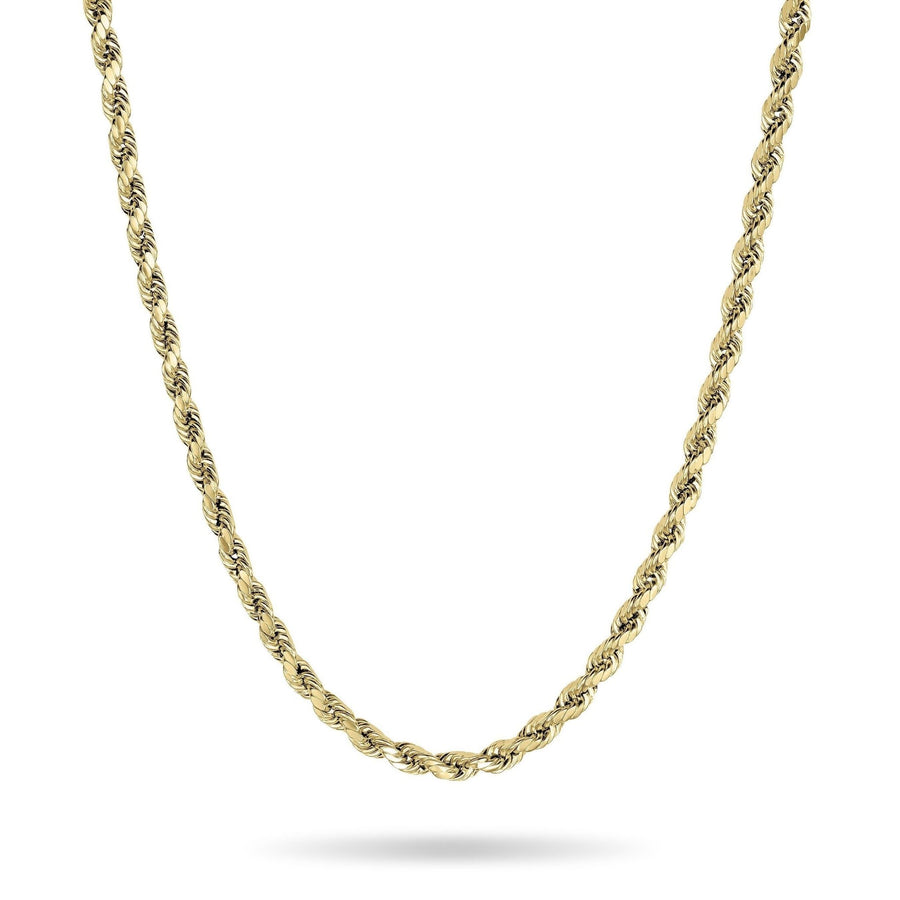 Polished 14k yellow gold classic diamond-cut rope chain necklace on white background.