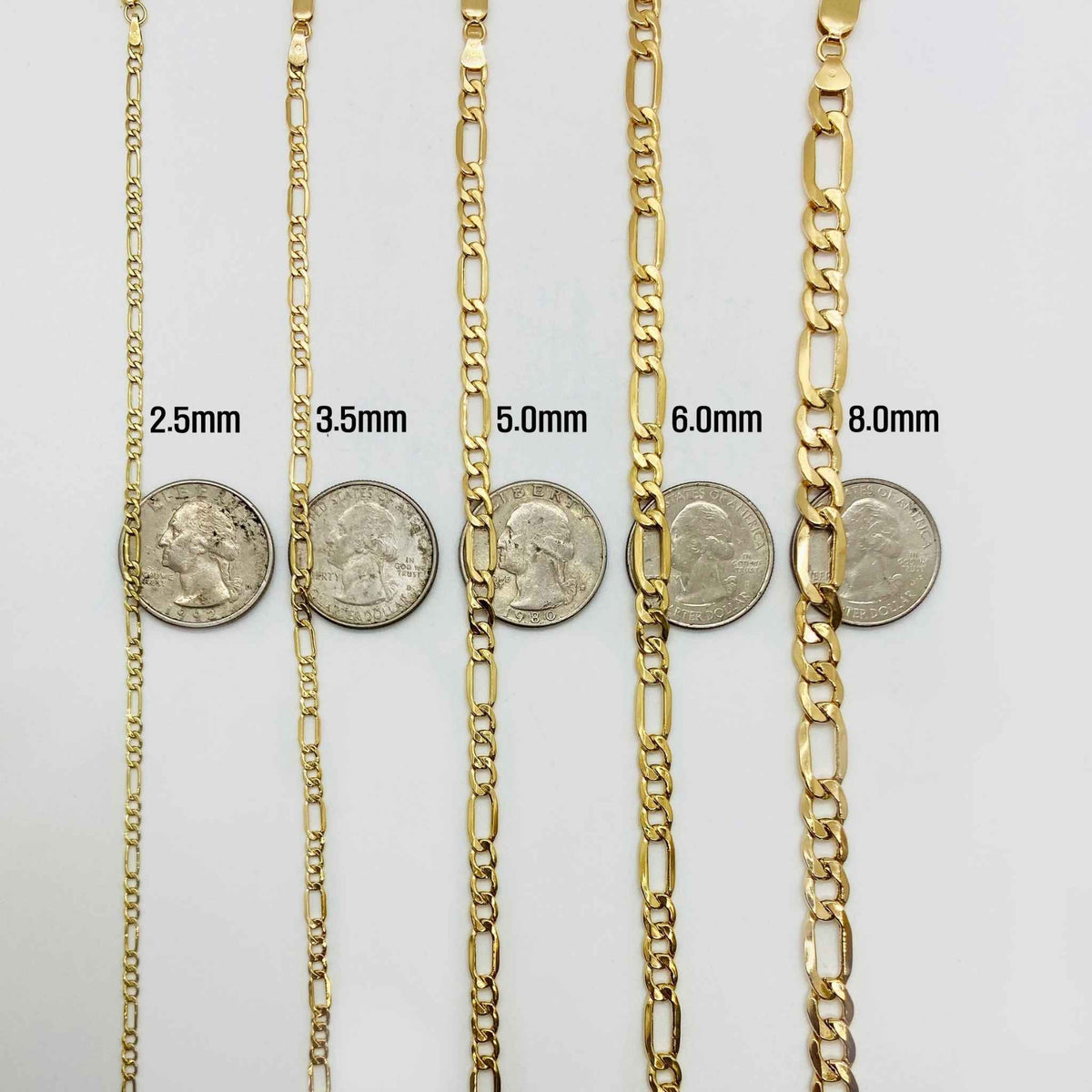 Size comparison chart of 14k gold Figaro chains placed next to US quarter coins.