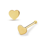 14k gold flat heart nose stud shown from front and side post angles.