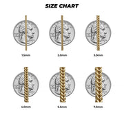 14k yellow gold classic Franco chain thickness size guide with quarter coins for scale reference.