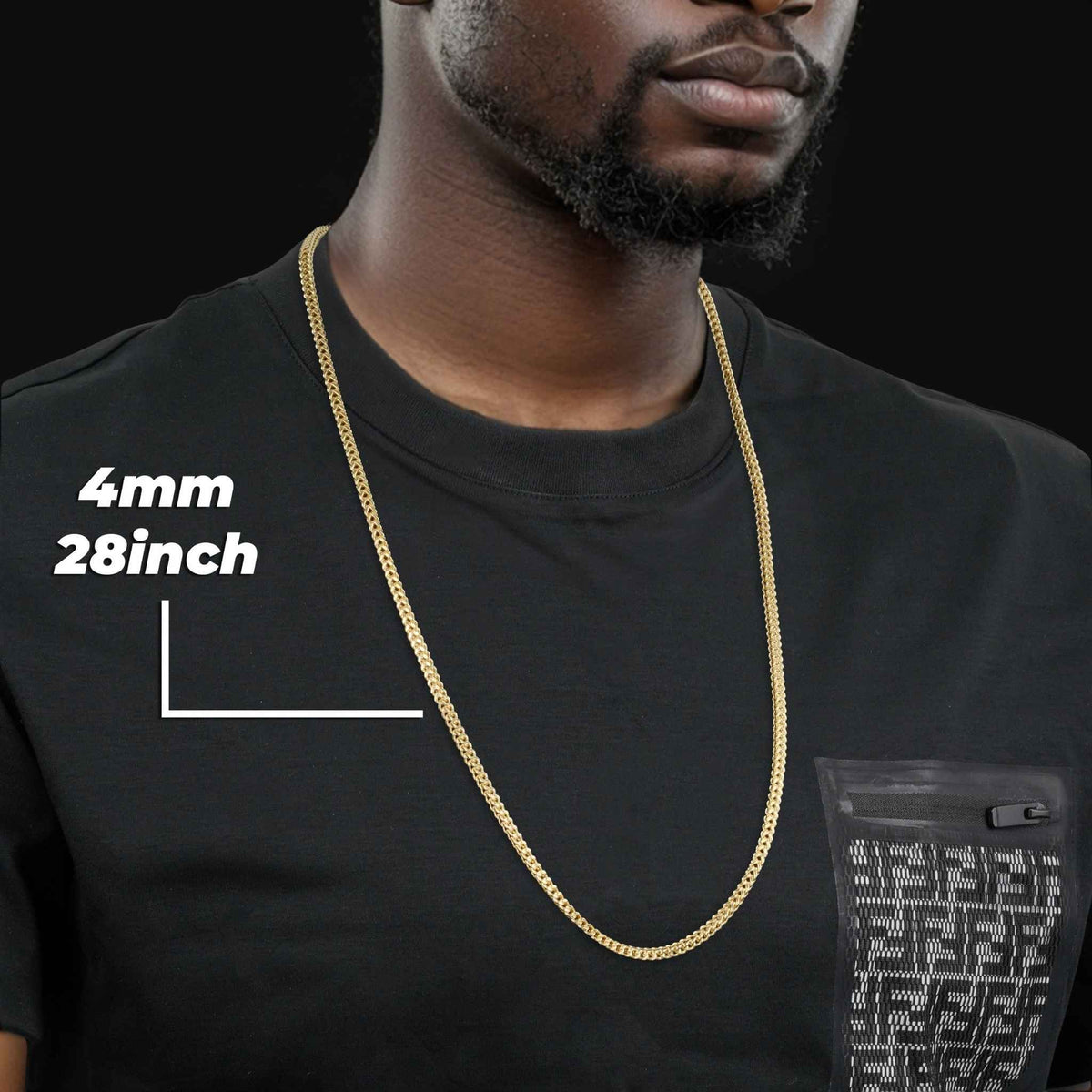 Model wearing a 4.0mm, 28-inch 14k gold classic Franco chain over a black t-shirt.