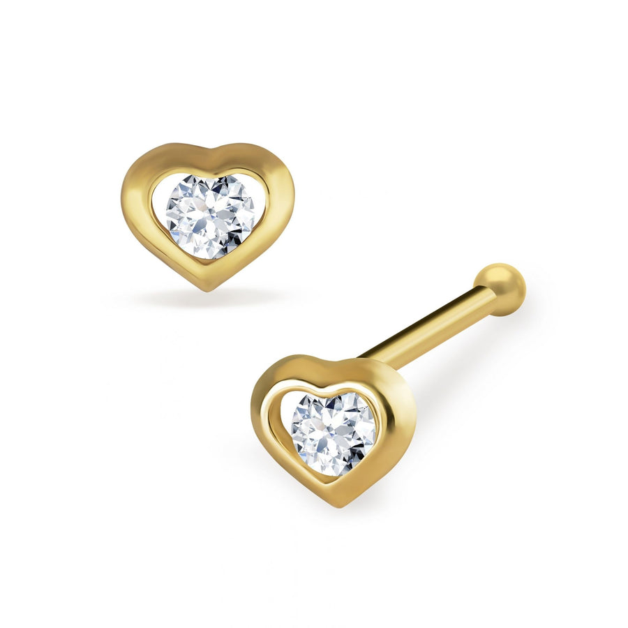 Gold heart-shaped nose piercing stud with clear CZ gemstone on white background.