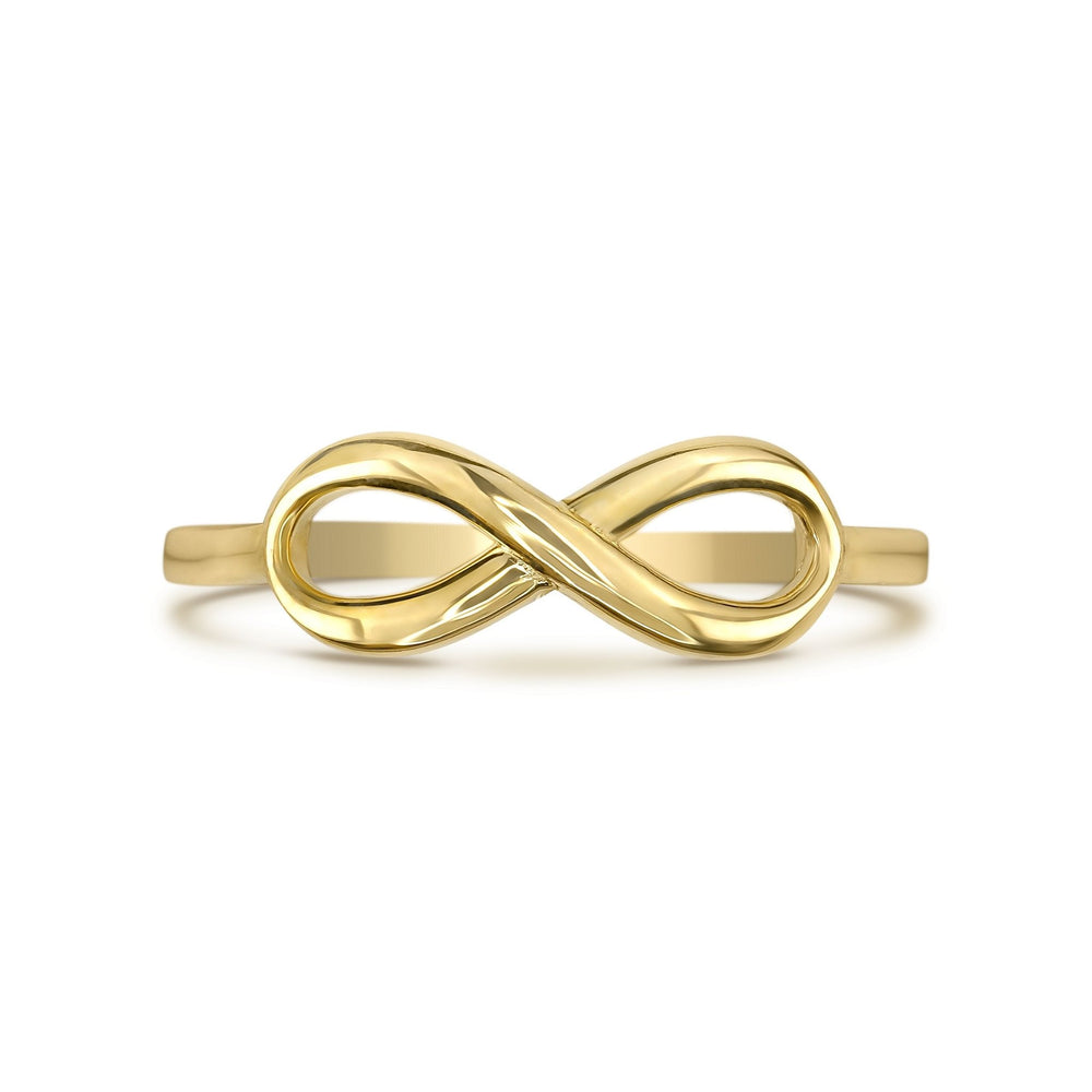 Front profile view of a 14k yellow gold dainty classic infinity band ring.
