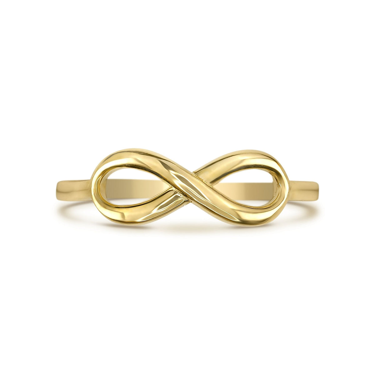 Front profile view of a 14k yellow gold dainty classic infinity band ring.