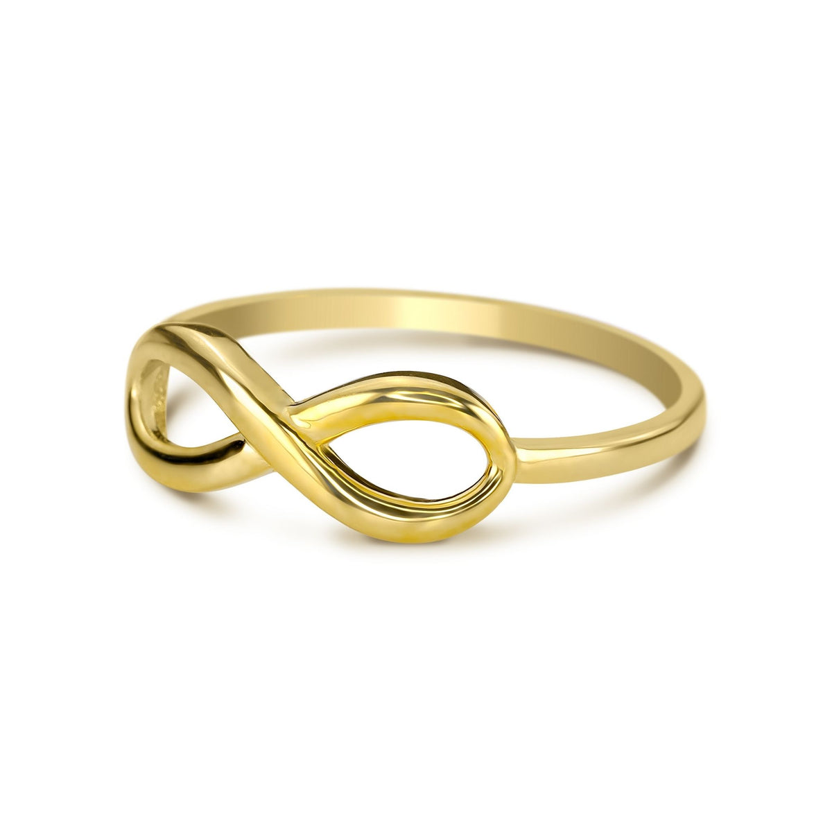 Three-quarter elevated view of a dainty 14k yellow gold classic infinity band ring.