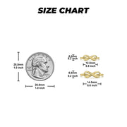 Size chart comparing a US quarter to two sizes of the gold infinity ring