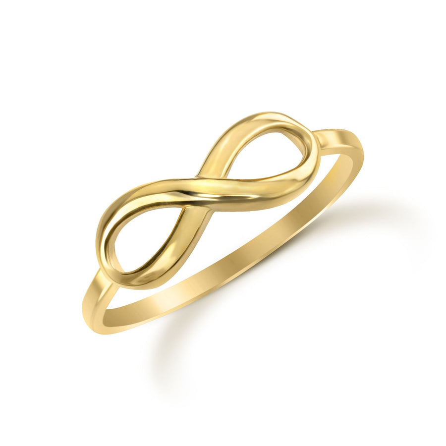 Yellow gold classic infinity symbol ring on a plain white background.