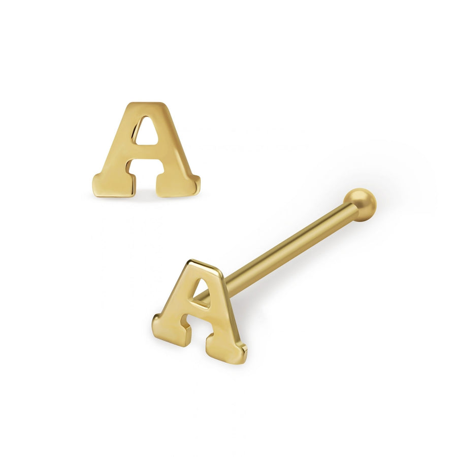 14k yellow gold initial letter A nose stud shown from front and side angles.
