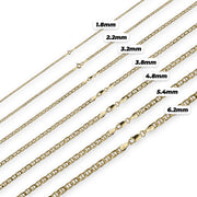 Size chart comparing 14k gold Mariner link chain widths from 1.8mm to 6.2mm.