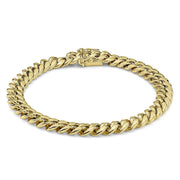 14k yellow gold Miami Cuban link bracelet arranged in a circle on white background.