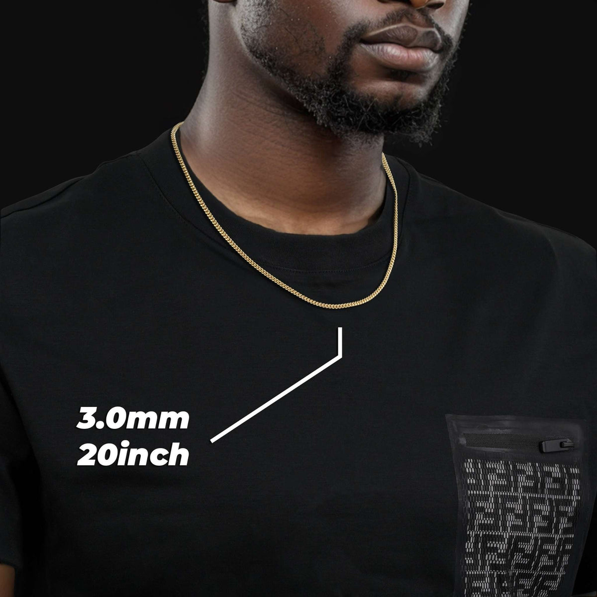 Man wearing a 3.0mm width 20-inch 14k gold semi-solid Miami Cuban chain necklace.