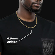 Man wearing a 4.0mm width 20-inch 14k gold semi-solid Miami Cuban chain necklace.