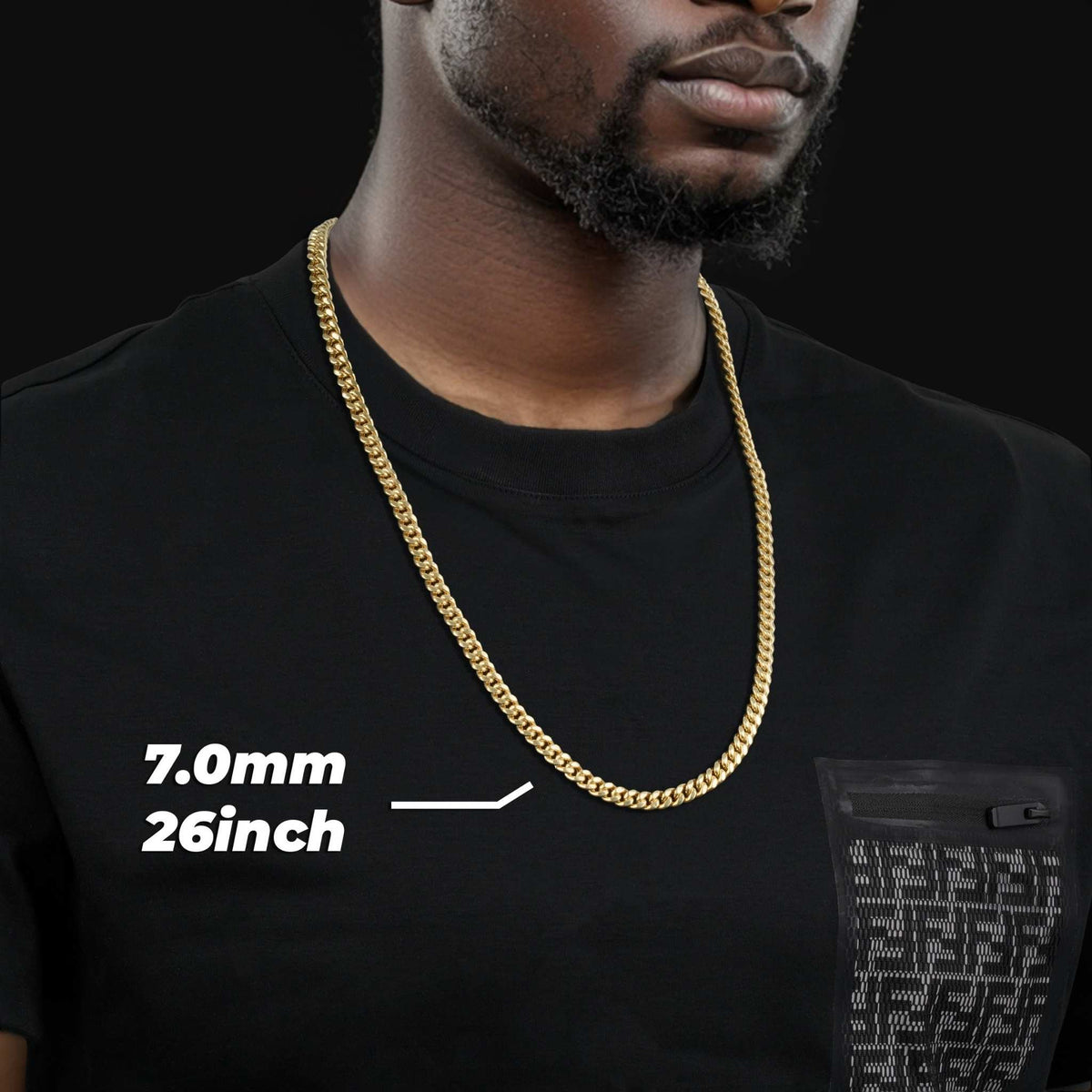 Man wearing a 7.0mm width 26-inch 14k gold semi-solid Miami Cuban chain necklace.