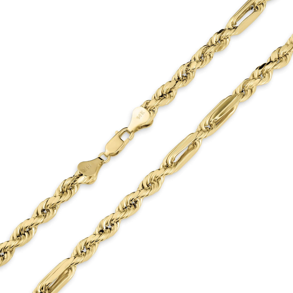 Close-up of 14k yellow gold classic Milano chain showing lobster clasp detail.
