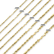 14k yellow gold classic Milano chain width size range displayed from 2.5mm to 8.0mm.