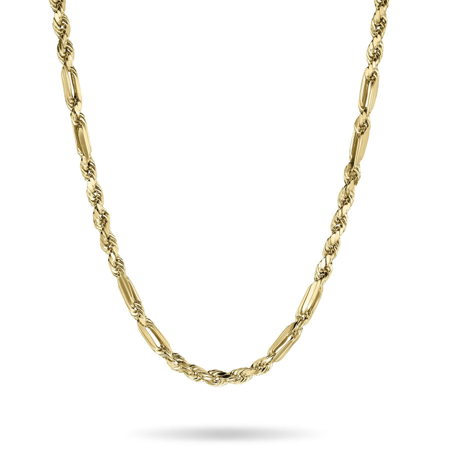 14k yellow gold classic Milano chain necklace on white background.