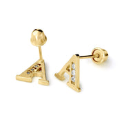 Pair of 14k gold initial stud earrings showing front view and secure screw-back.