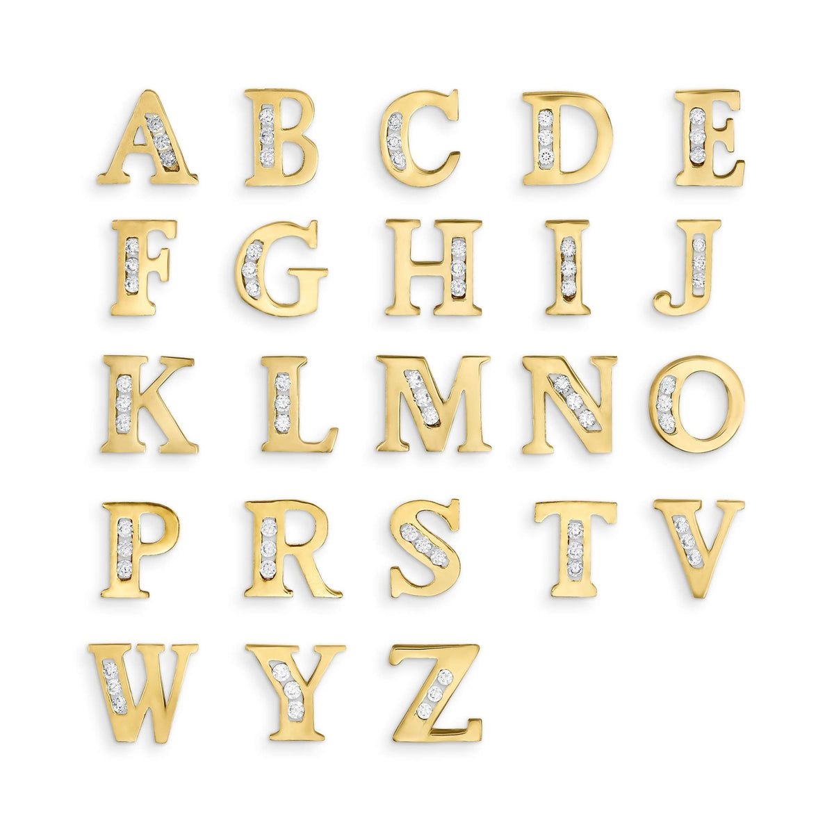 Grid of 14k gold initial stud earrings featuring cubic zirconia, organized alphabetically.