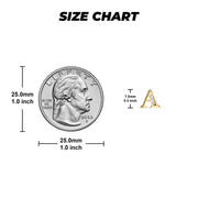 Size chart comparing a 7.0mm gold initial stud earring to a US quarter coin.