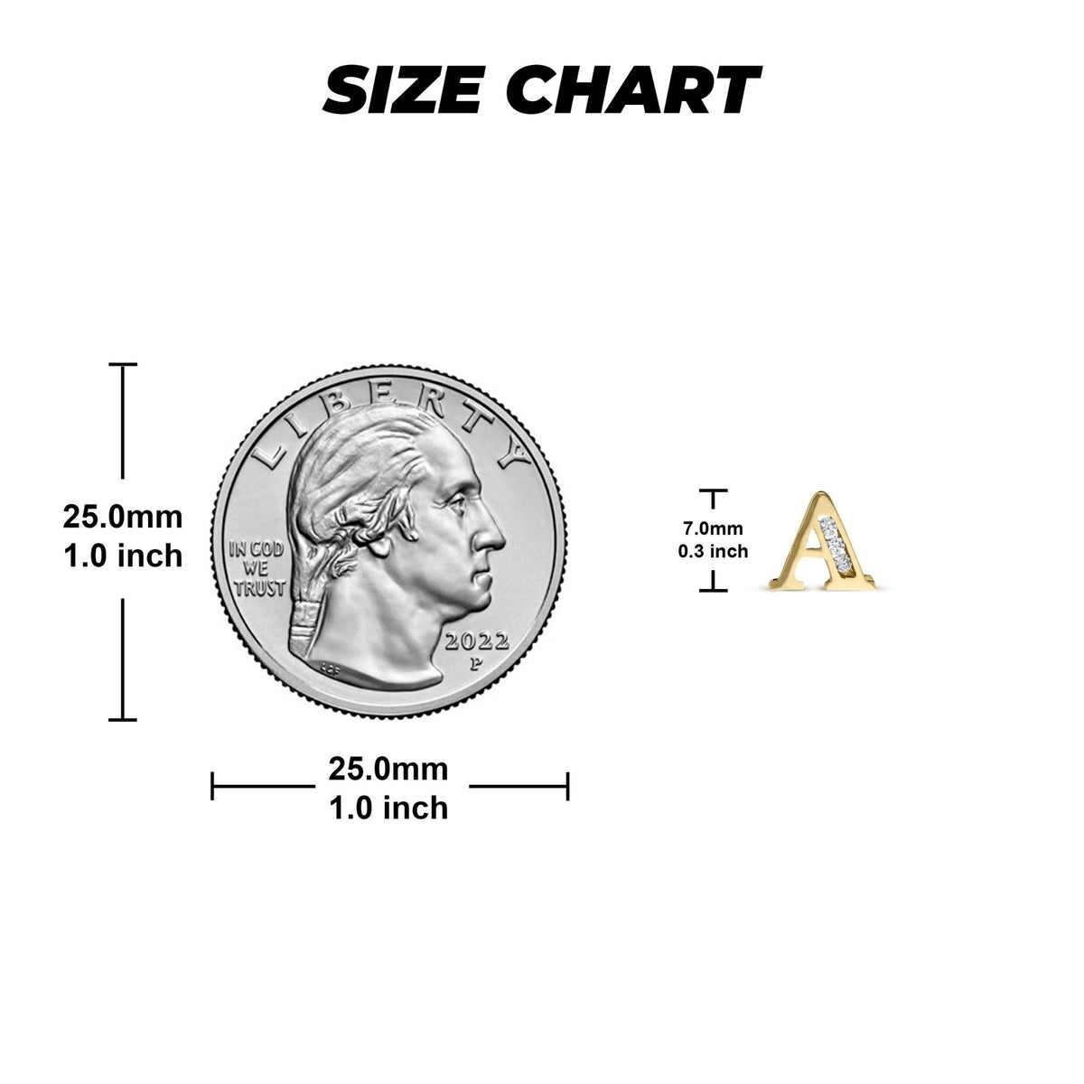 Size chart comparing a 7.0mm gold initial stud earring to a US quarter coin.