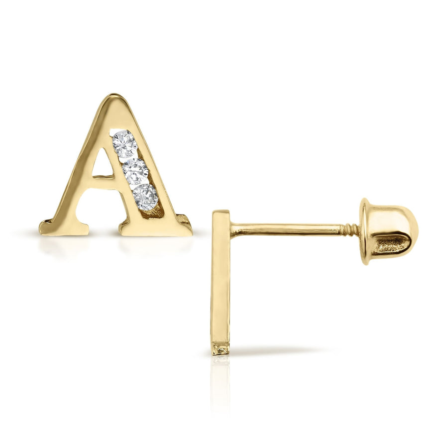 14k gold initial "A" stud earring featuring cubic zirconia and a screw back.