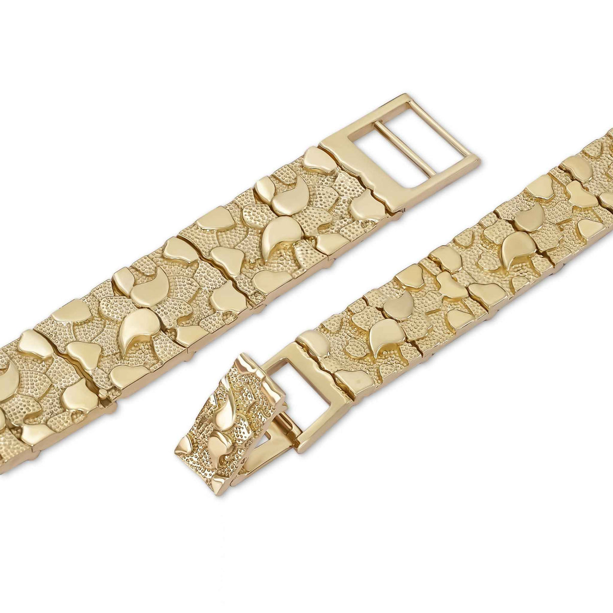 Close-up detail of a 14k gold classic nugget link bracelet clasp and textured links