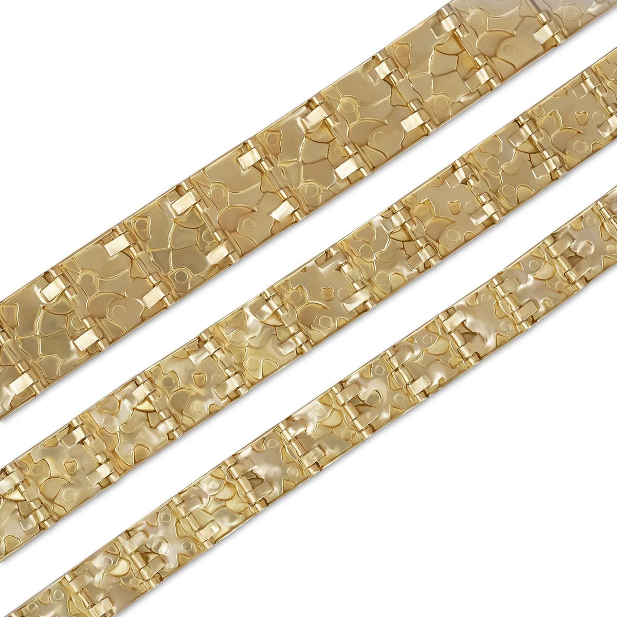 Three 14k gold classic nugget link bracelets arranged diagonally across a white background.