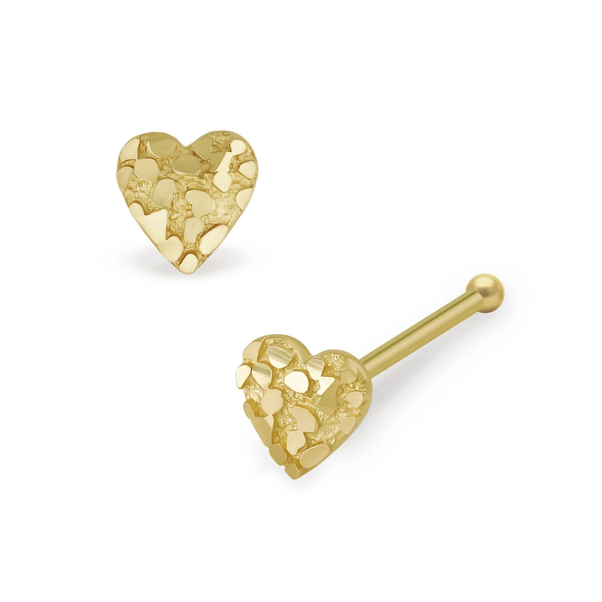Front and profile view of a 14k gold heart nugget nose stud.
