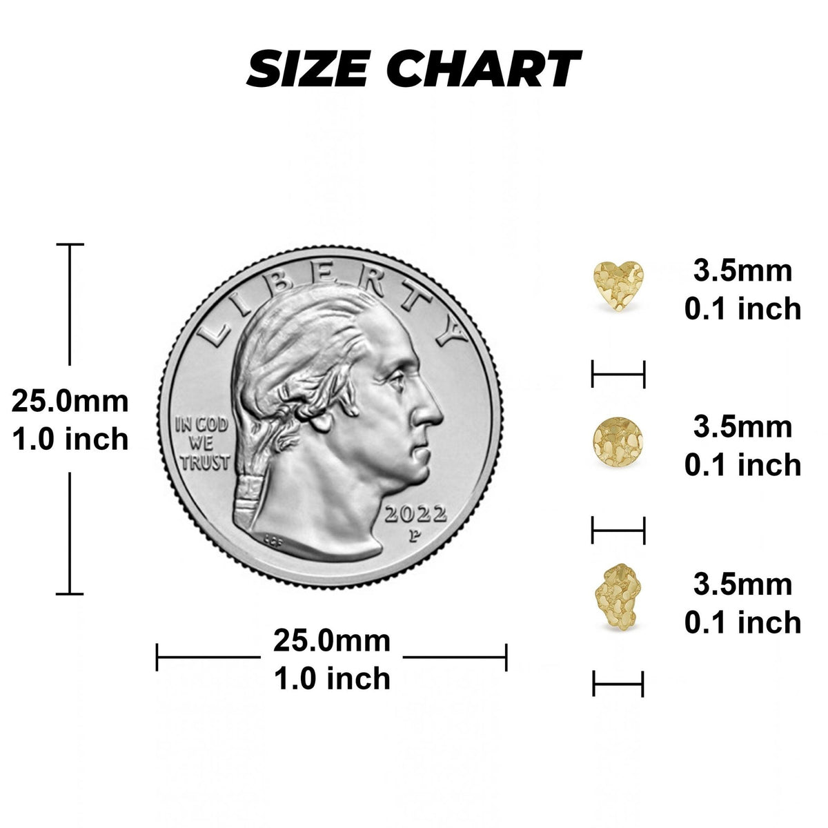 Gold heart, round, and classic nugget nose studs shown next to a quarter for scale