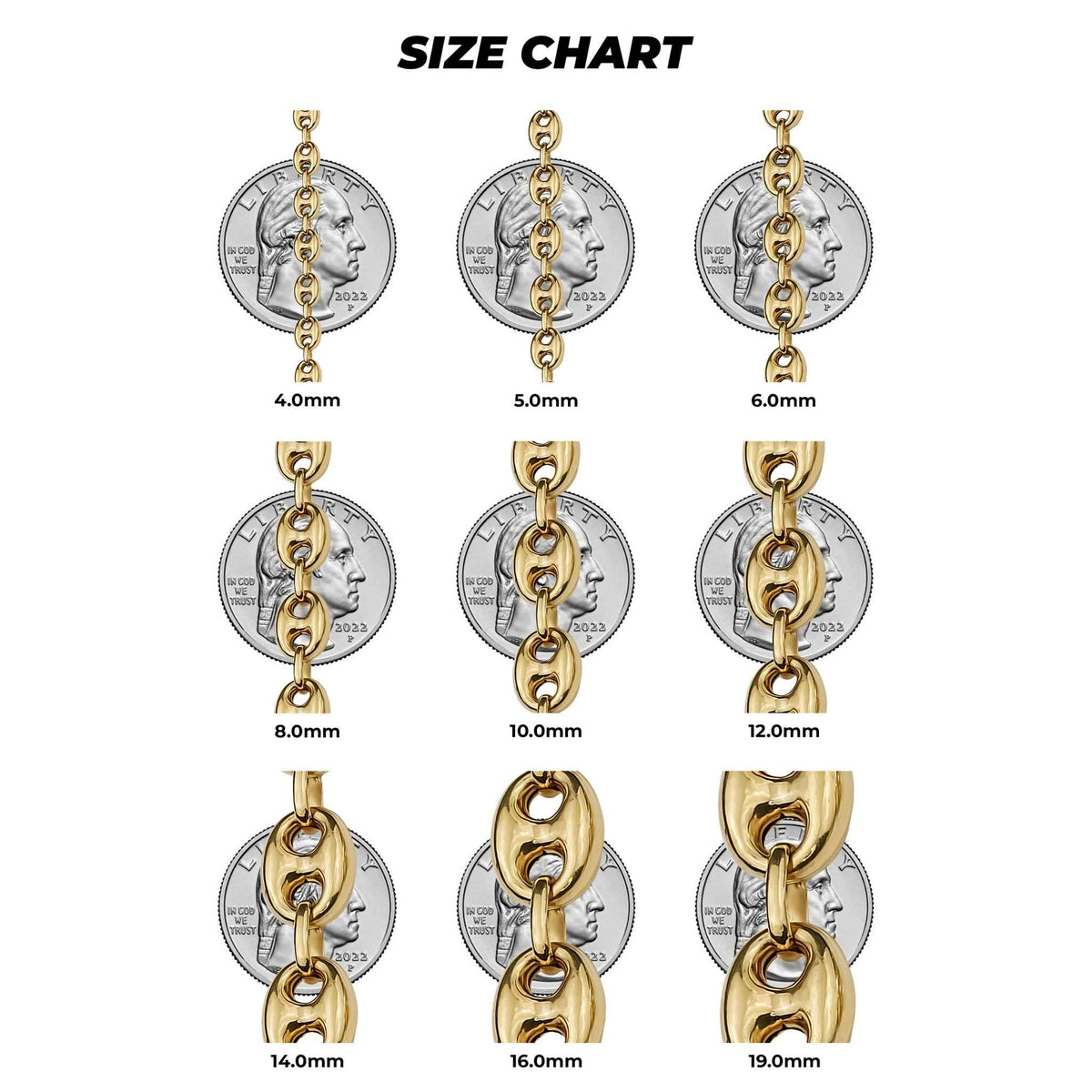 14k gold classic hollow puff Gucci chain thickness size guide with quarter coins for scale reference.