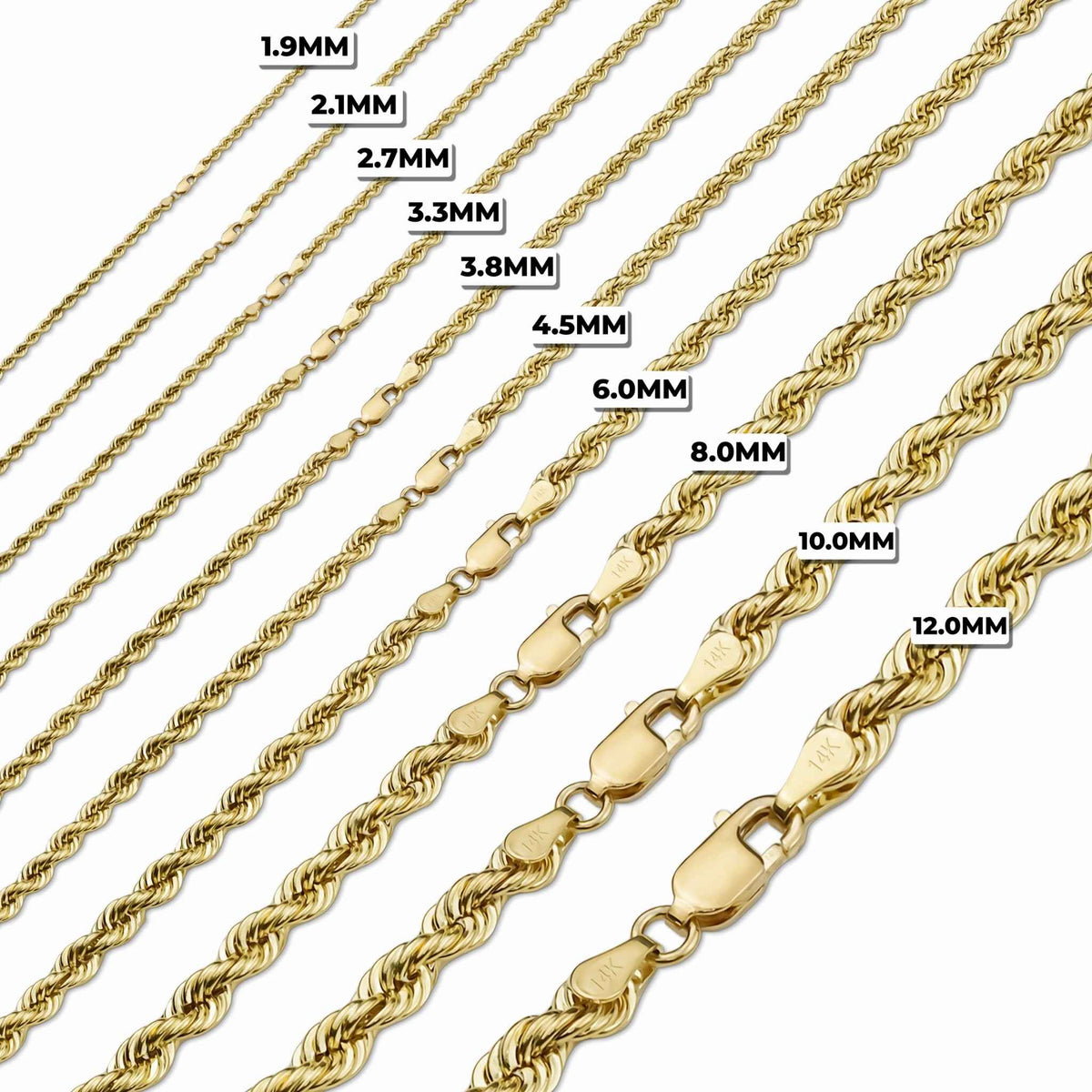 14k gold rope chain width size comparison chart ranging from 1.9mm to 12.0mm.