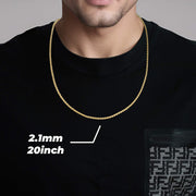 Model wearing a 2.1mm, 20-inch 14k gold rope chain over a black shirt.