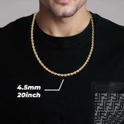 Model wearing a 4.5mm, 20-inch 14k gold rope chain over a black shirt.
