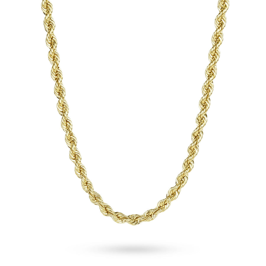 14k yellow gold twisted rope chain necklace draped against a clean white background.
