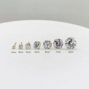 Visual comparison chart of 14k yellow gold cubic zirconia stud earrings, showing diameters ranging from 2mm to 8mm.