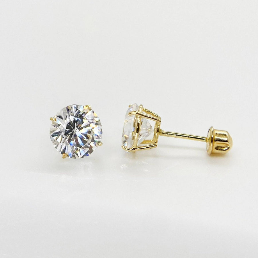 14k gold round brilliant-cut cubic zirconia stud earrings featuring durable screw back closures.